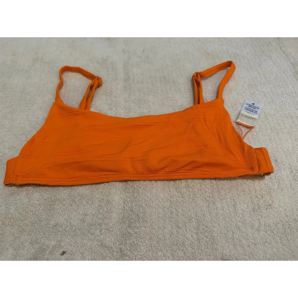 L*Space Orange Ribbed Bikini Top Square Neck Adjustable Straps Size D NWOT